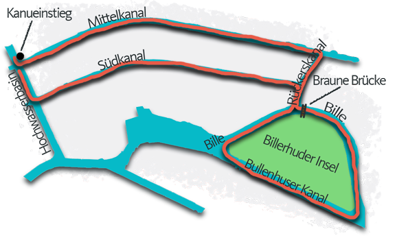 Skizzierte Route der Paddeltour um die Billerhuder Insel mit türkisfarbenen Fluss, Billerhuder Insel in Grün und Wegangabe in Orange