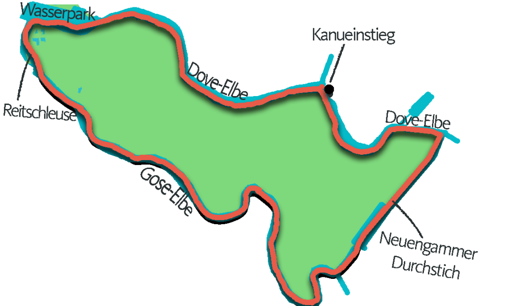 Skizzierte Route der Kanutour auf der Dove- und Gose-Elbe in Hamburg-Bergedorf mit türkisfarbenem Fluss, umliegendes Land in Grün und Wegangabe in Orange