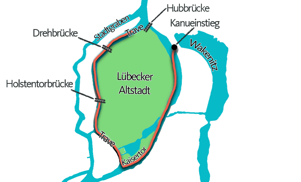 Skizzierte Route der Paddeltour um die Lübecker Altstadt mit türkisfarbenen Fluss, Lübecker Altstadt in Grün und Wegangabe in Orange