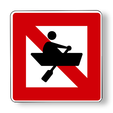 Eckiges Schifffahrtszeichen, das ein Fahrverbot für Wasserfahrzeuge ohne Maschinenantrieb und Segel signalisiert mit durchgestrichenem Paddler in Schwarz