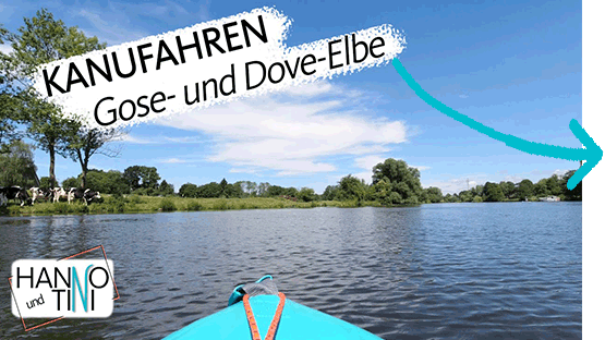 Tumbnail zum Video Paddel auf der Gose- und Dove-Elbe mit Schriftzug und Blick auf die Dove-Elbe mit Kühen im Hintergrund