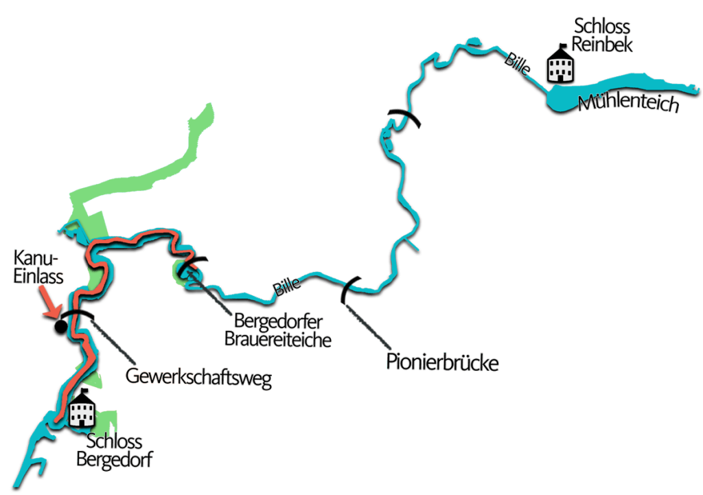 Skizzierte Route der Kanutour auf der oberen Bille zwischen Schloss Bergedorf und Schloss Reinbek mit türkisfarbenen Fluss, Grünflächen in Grün und Wegangabe in Orange