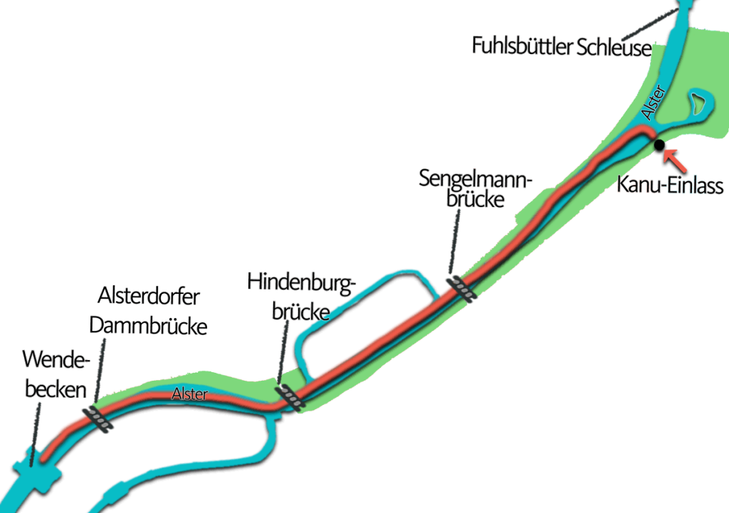 Skizzierte Route der Kanutour auf der Alster in Hamburg-Nord mit türkisfarbenen Fluss, Grünflächen in Grün und Wegangabe in Orange