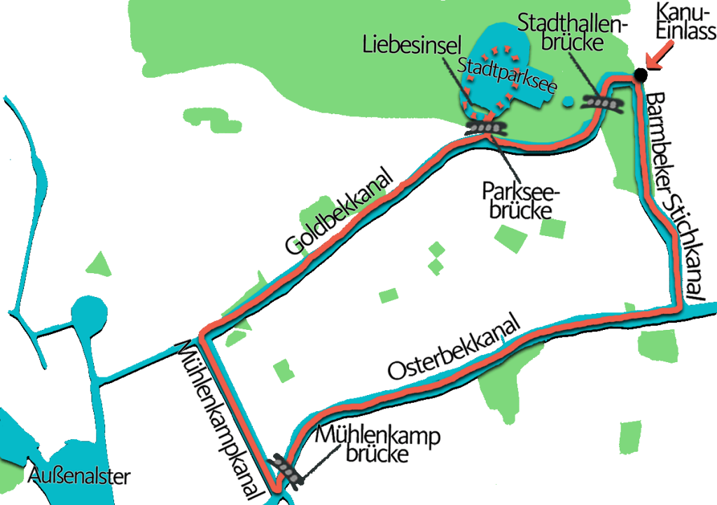 Skizzierte Route der Kanutour in Hamburg-Winterhude durch den Stadtpark auf den Alsterkanälen mit Alsterkanälen in Türkis, Grünflächen in Grün und Wegangabe in Orange