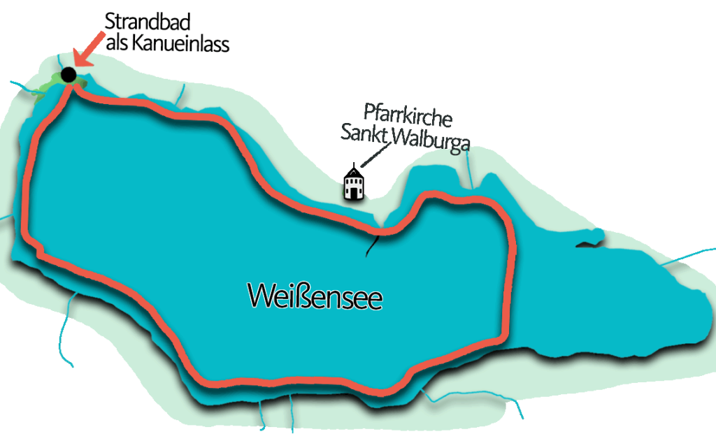 Skizzierte Route der Kanutour auf dem Weßensee mit See in Türkis, Grünflächen in Grün und Wegangabe in Orange